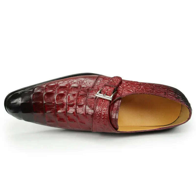 Classic Luxury Men's Alligator Leather Printed Shoe: Casual Wedding Evening Buckle Shoe in Red Hand Slip Design for Men - KIMLUD