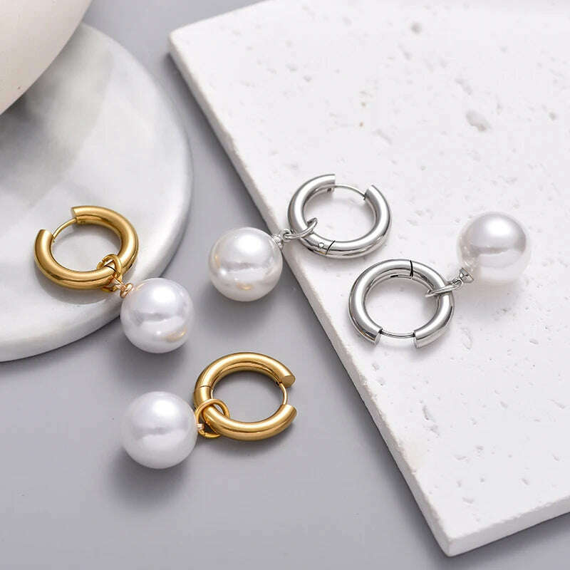 Classic White Big Pearl Drop Round Stainless Steel Hoop Earrings For Women Luxury Elegant Wedding Party Jewelry Earrings Gift - KIMLUD