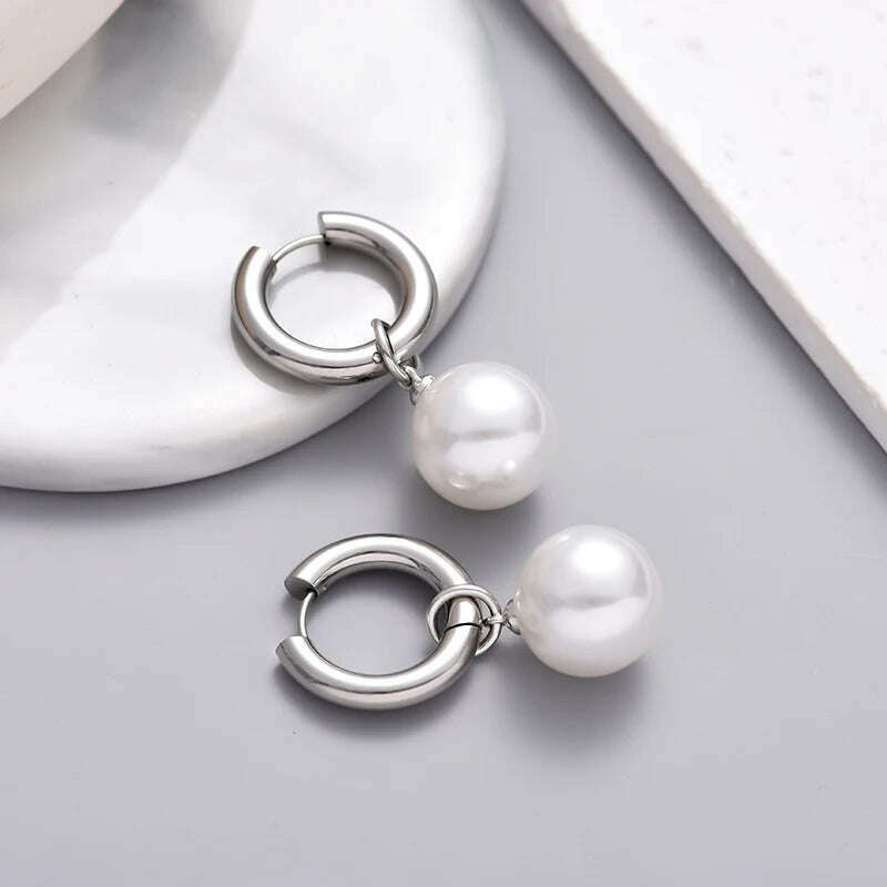 KIMLUD, Classic White Big Pearl Drop Round Stainless Steel Hoop Earrings For Women Luxury Elegant Wedding Party Jewelry Earrings Gift, KIMLUD Womens Clothes