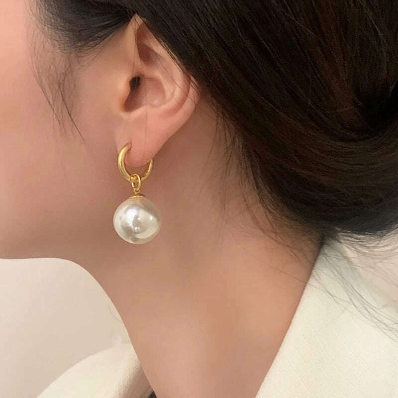 KIMLUD, Classic White Big Pearl Drop Round Stainless Steel Hoop Earrings For Women Luxury Elegant Wedding Party Jewelry Earrings Gift, KIMLUD Womens Clothes