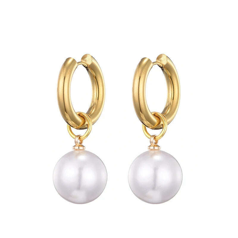 KIMLUD, Classic White Big Pearl Drop Round Stainless Steel Hoop Earrings For Women Luxury Elegant Wedding Party Jewelry Earrings Gift, Gold, KIMLUD APPAREL - Womens Clothes