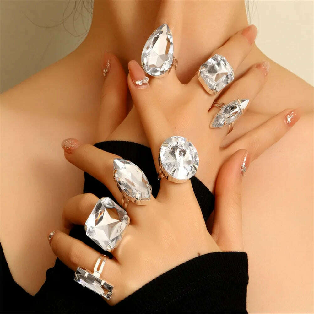 Clear Acrylic Crystal Geometric 7PCS Big Square Round Open Rings Finger Decoration for Women Rhinestone Adjustable Finger Rings - KIMLUD