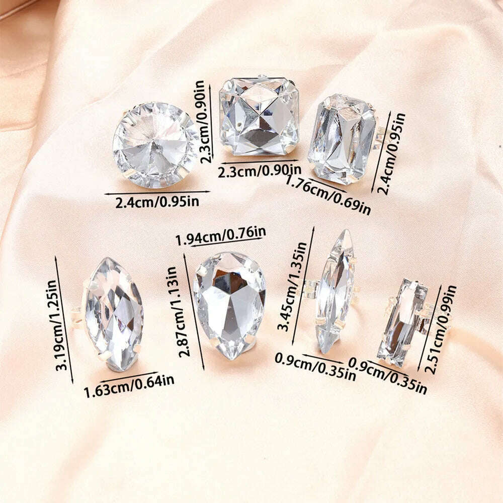 Clear Acrylic Crystal Geometric 7PCS Big Square Round Open Rings Finger Decoration for Women Rhinestone Adjustable Finger Rings - KIMLUD