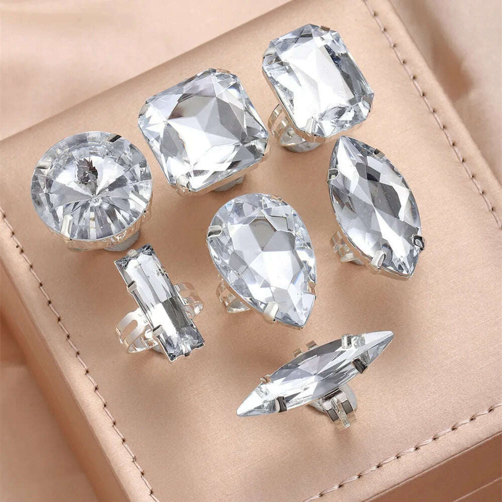 Clear Acrylic Crystal Geometric 7PCS Big Square Round Open Rings Finger Decoration for Women Rhinestone Adjustable Finger Rings - KIMLUD