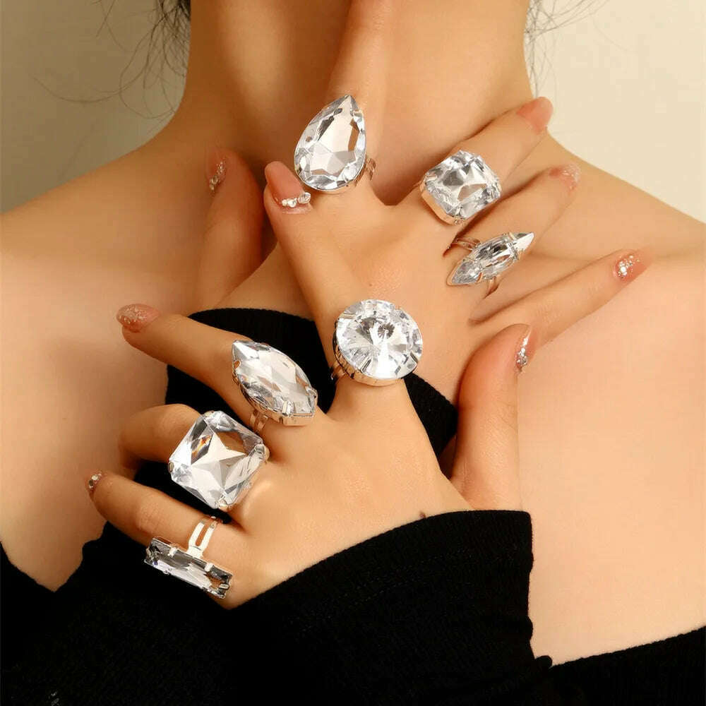 Clear Acrylic Crystal Geometric 7PCS Big Square Round Open Rings Finger Decoration for Women Rhinestone Adjustable Finger Rings - KIMLUD