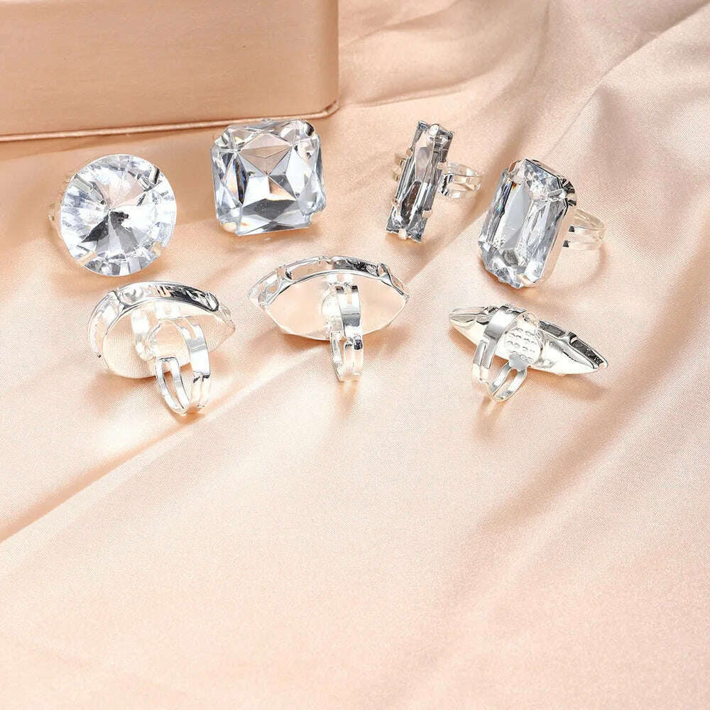 Clear Acrylic Crystal Geometric 7PCS Big Square Round Open Rings Finger Decoration for Women Rhinestone Adjustable Finger Rings - KIMLUD