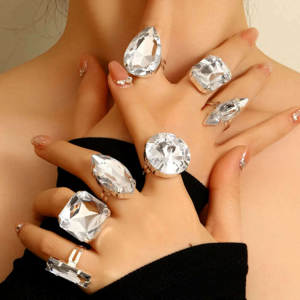 Clear Acrylic Crystal Geometric 7PCS Big Square Round Open Rings Finger Decoration for Women Rhinestone Adjustable Finger Rings - KIMLUD