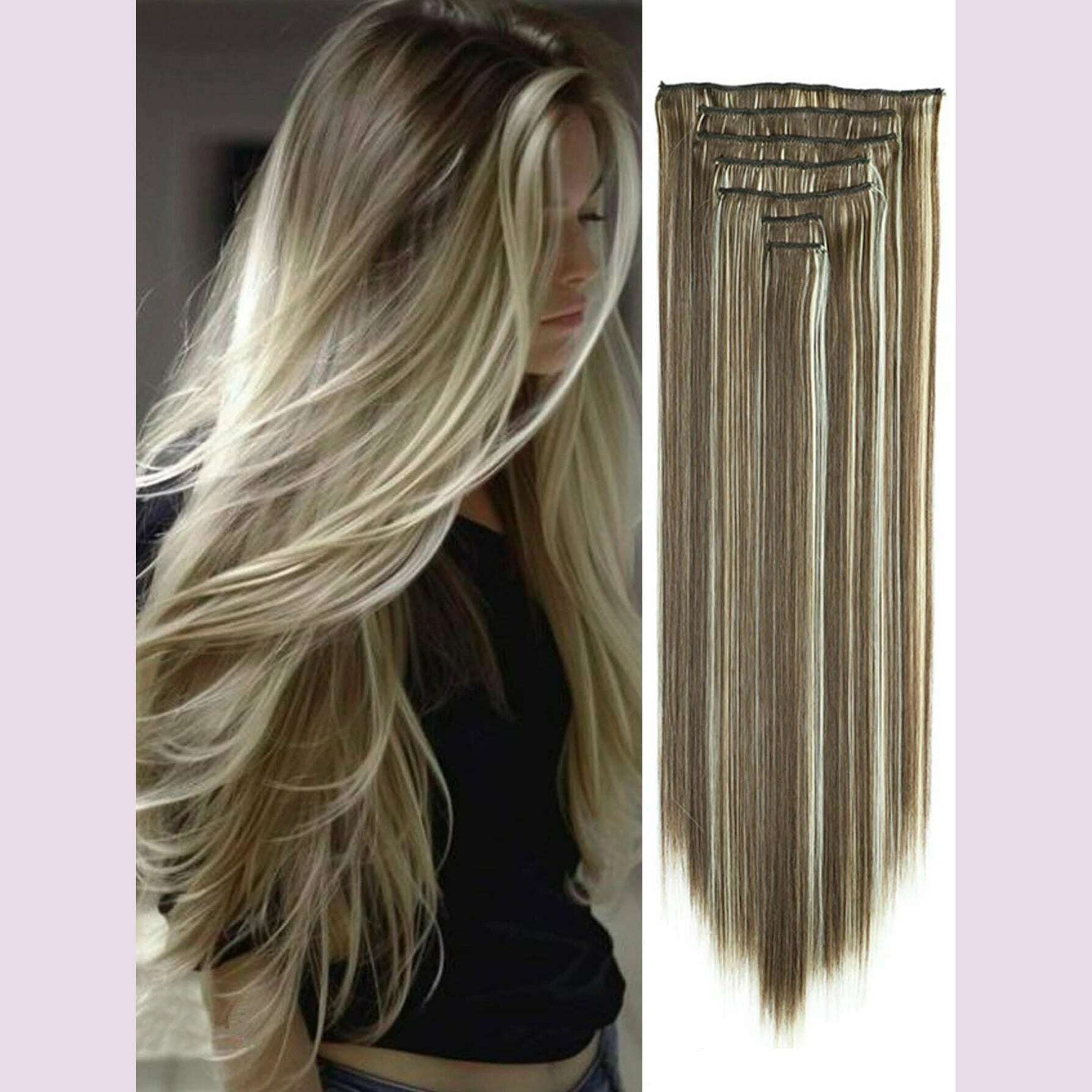 Clip in Hair Extensions 22 Inch Brown Mix Blonde Long Hair Extensions Clip Ins 7PCS Soft Synthetic Hairpieces for Women - KIMLUD