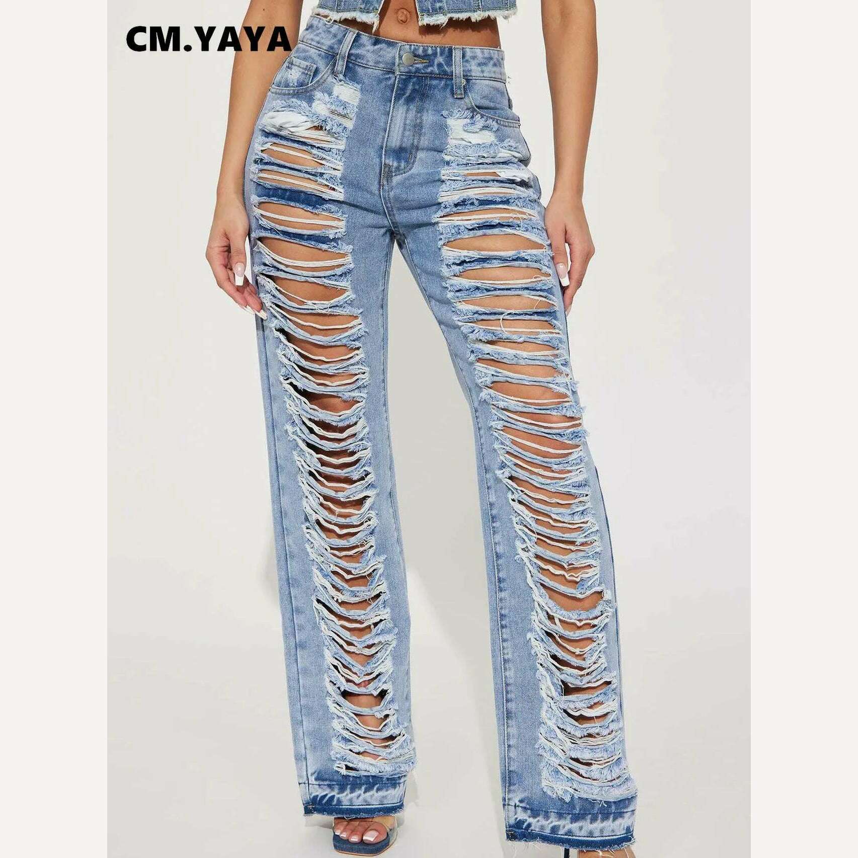 KIMLUD, CM.YAYA Blue Denim Pants for Women 2023 Summer Streetwear Fashion Cutout Ripped Hollow Out Wide Leg Straight Jeans Trousers, KIMLUD Womens Clothes