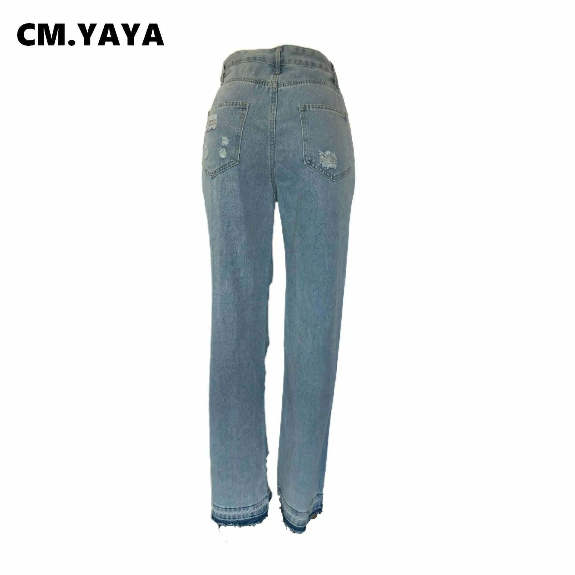 KIMLUD, CM.YAYA Blue Denim Pants for Women 2023 Summer Streetwear Fashion Cutout Ripped Hollow Out Wide Leg Straight Jeans Trousers, KIMLUD Womens Clothes