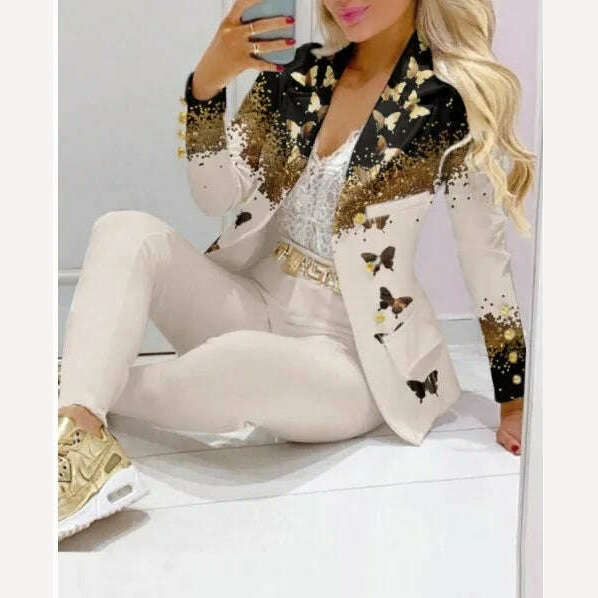 KIMLUD, CM.YAYA Elegant INS Paisley Butterfly Blazer Suit and Pants Two 2 Piece Set for Women 2022 Autumn Winter Street Outfit Tracksuit, butterfly white / S, KIMLUD APPAREL - Womens Clothes