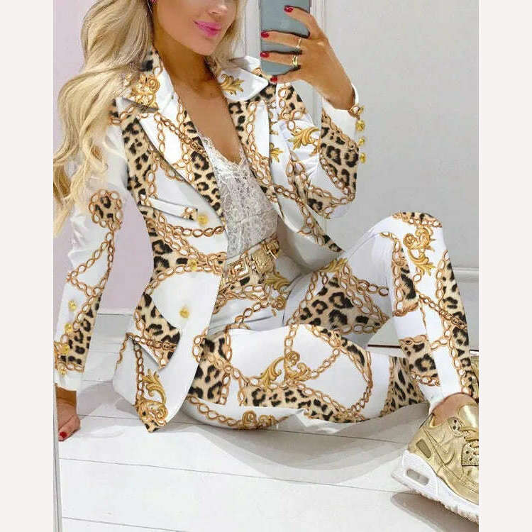 KIMLUD, CM.YAYA Elegant INS Paisley Butterfly Blazer Suit and Pants Two 2 Piece Set for Women 2022 Autumn Winter Street Outfit Tracksuit, white chain / S, KIMLUD APPAREL - Womens Clothes