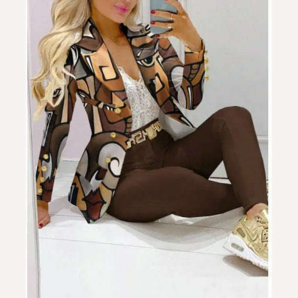 KIMLUD, CM.YAYA Elegant INS Paisley Butterfly Blazer Suit and Pants Two 2 Piece Set for Women 2022 Autumn Winter Street Outfit Tracksuit, Dark Brown / S, KIMLUD APPAREL - Womens Clothes