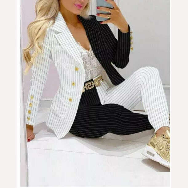 KIMLUD, CM.YAYA Elegant INS Paisley Butterfly Blazer Suit and Pants Two 2 Piece Set for Women 2022 Autumn Winter Street Outfit Tracksuit, black white striped / S, KIMLUD APPAREL - Womens Clothes