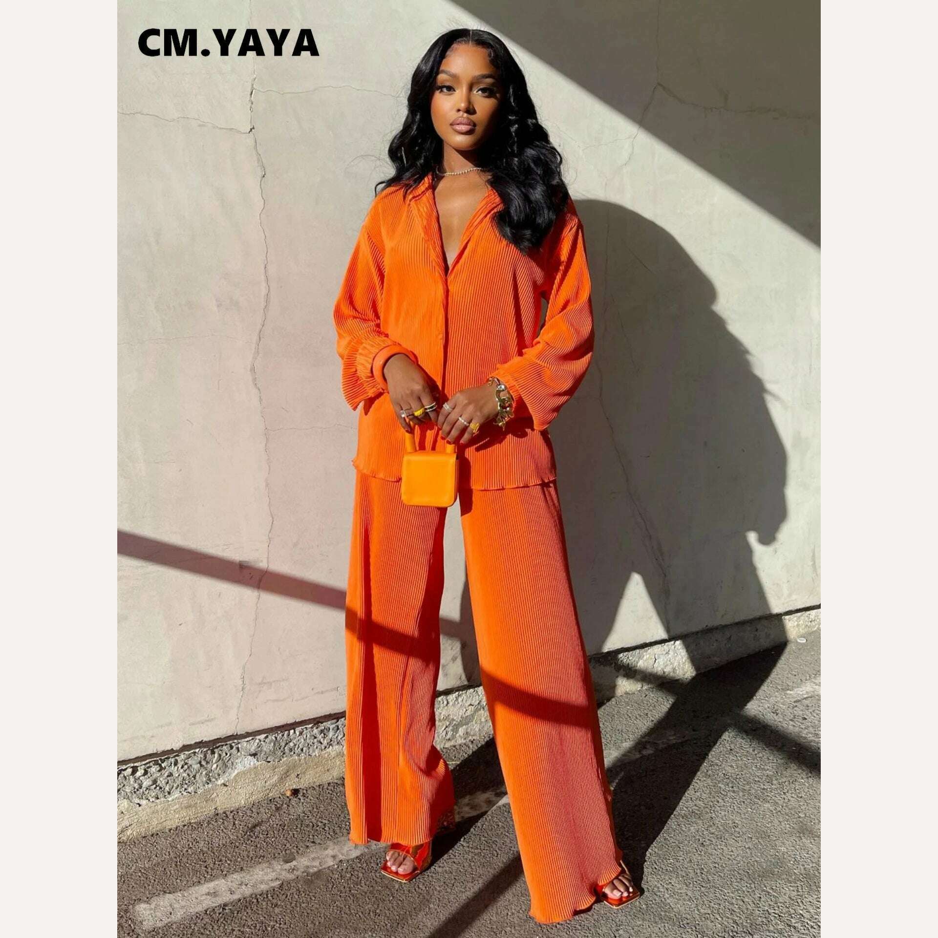 KIMLUD, CM.YAYA Pleated Women&#39;s Set Long Sleeve Shirt Tops and Straight Wide Leg Pants Elegant Tracksuit Two 2 Piece Set Fitness Outfits, Orange / S, KIMLUD APPAREL - Womens Clothes