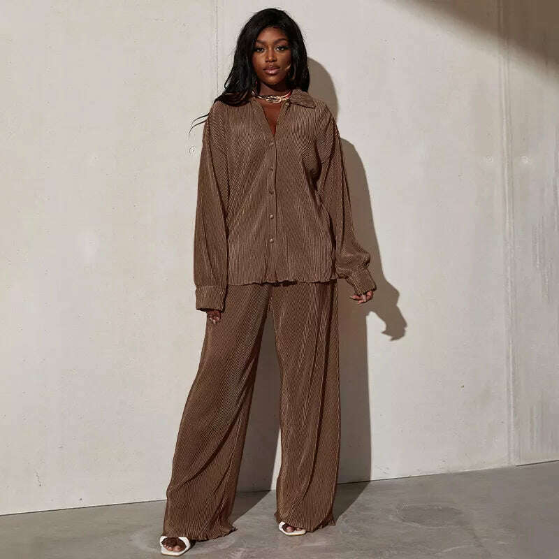 CM.YAYA Street Women&#39;s Set Long Sleeve Shirt Tops and Wide Leg Pants Elegant Tracksuit Two Piece Set Sweatsuit Fitness Outfits - KIMLUD