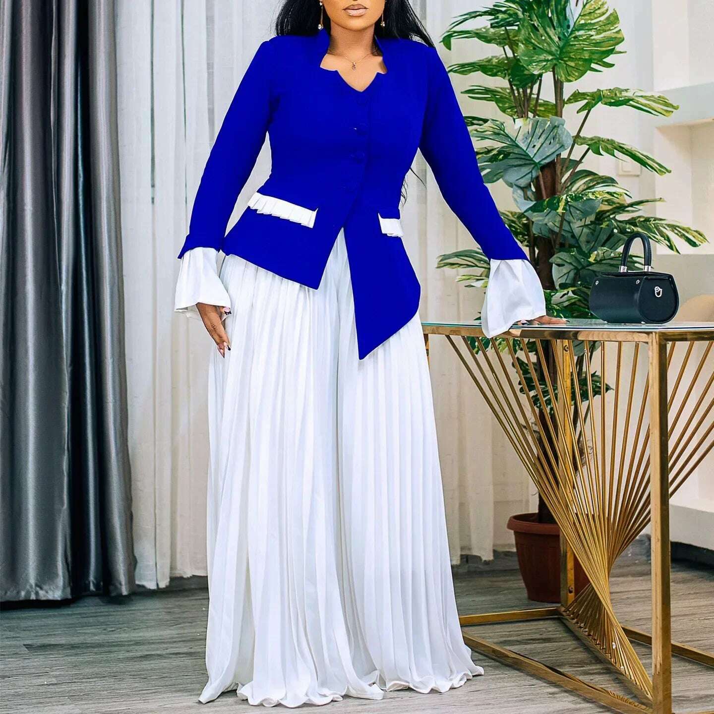 KIMLUD, CM.YAYA Women's Set Full Flare Sleeve Button Blazer Shirt + Pleated Long Pants Suit Streetwear Two 2 Piece Set Africa OL Outfits, Blue / L, KIMLUD APPAREL - Womens Clothes