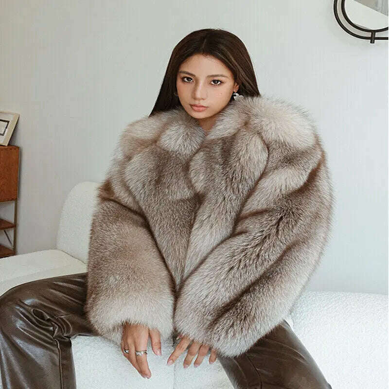 KIMLUD, Coffee Fox Fur Jacket Women Winter Fashion Warm Fluffy Real Fur Outertwear Natural Luxury Fox Fur Coat Lady, coffee / S bust 88cm, KIMLUD APPAREL - Womens Clothes