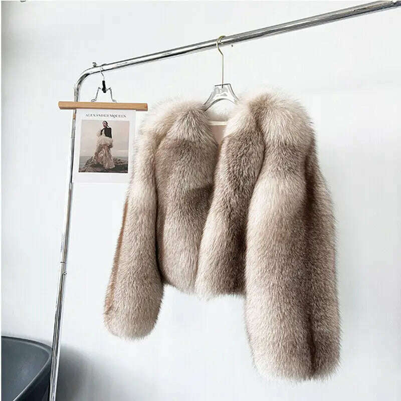 KIMLUD, Coffee Fox Fur Jacket Women Winter Fashion Warm Fluffy Real Fur Outertwear Natural Luxury Fox Fur Coat Lady, KIMLUD Womens Clothes