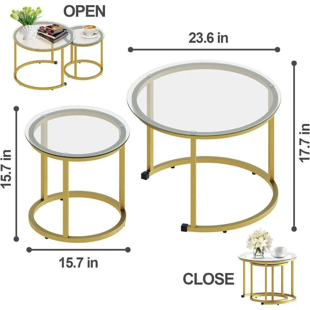 KIMLUD, Coffee Table Set of 2, Small Glass Round Nesting Tables for Living Room Bedroom, Accent Tea Table with Metal Frame, KIMLUD Womens Clothes