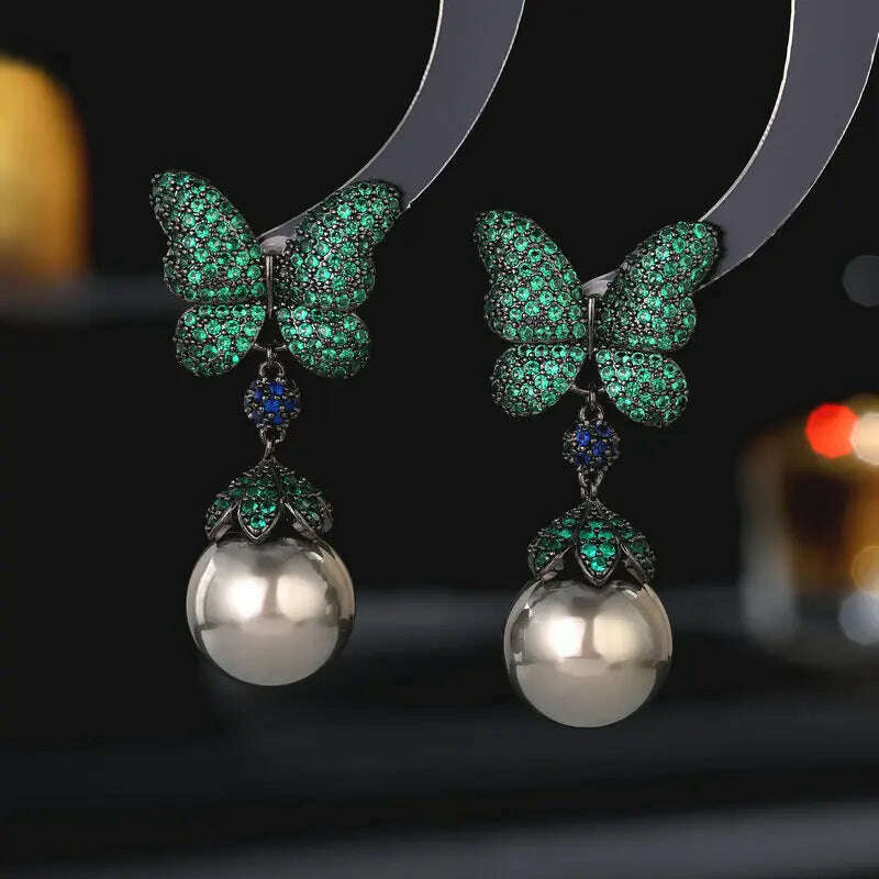 KIMLUD, Colorful Butterfly Dangle Earrings for Women Wedding Evening Party Jewelry Pearls Drop Earrings Female Gift, green, KIMLUD APPAREL - Womens Clothes