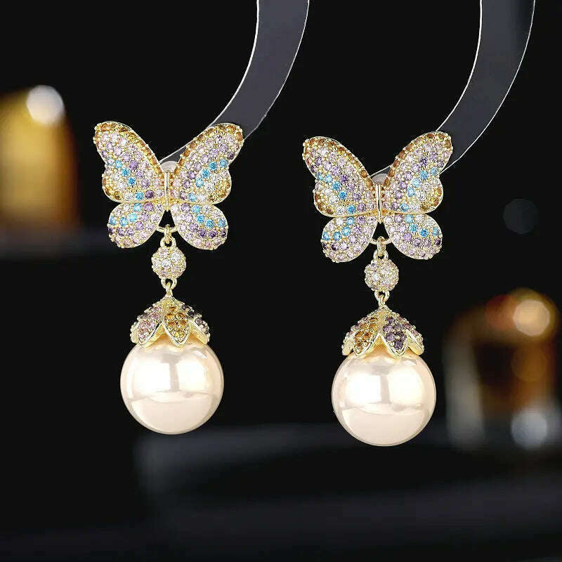 KIMLUD, Colorful Butterfly Dangle Earrings for Women Wedding Evening Party Jewelry Pearls Drop Earrings Female Gift, gold colorful, KIMLUD APPAREL - Womens Clothes