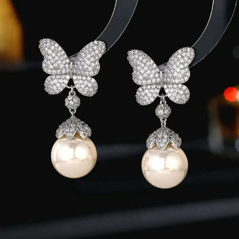 KIMLUD, Colorful Butterfly Dangle Earrings for Women Wedding Evening Party Jewelry Pearls Drop Earrings Female Gift, silver, KIMLUD APPAREL - Womens Clothes