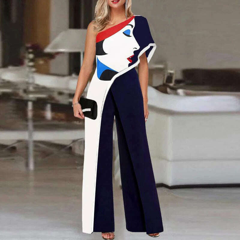 KIMLUD, Colorful Ladies Face Print Slim Jumpsuits Summer Off Shoulder Diagonal Collar Sexy Rompers Women Loose Straight Wide Leg Pants, KIMLUD Womens Clothes