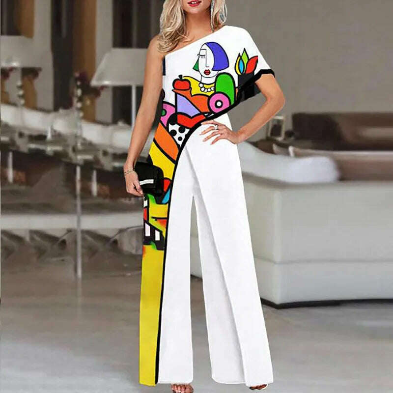 KIMLUD, Colorful Ladies Face Print Slim Jumpsuits Summer Off Shoulder Diagonal Collar Sexy Rompers Women Loose Straight Wide Leg Pants, 01 Print / S, KIMLUD APPAREL - Womens Clothes