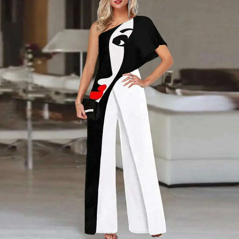 KIMLUD, Colorful Ladies Face Print Slim Jumpsuits Summer Off Shoulder Diagonal Collar Sexy Rompers Women Loose Straight Wide Leg Pants, 03 Print / S, KIMLUD APPAREL - Womens Clothes