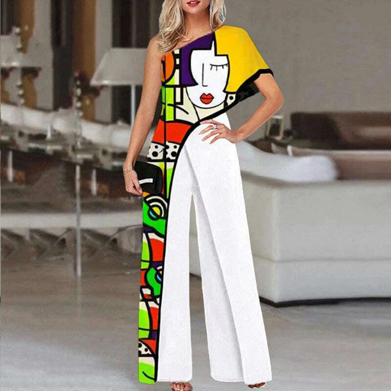 Colorful Ladies Face Print Slim Jumpsuits Summer Off Shoulder Diagonal Collar Sexy Rompers Women Loose Straight Wide Leg Pants - KIMLUD