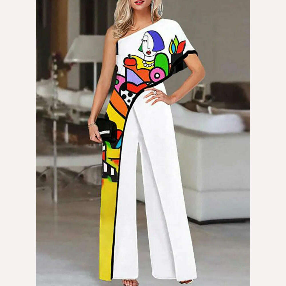 Colorful Ladies Face Print Slim Jumpsuits Summer Off Shoulder Diagonal Collar Sexy Rompers Women Loose Straight Wide Leg Pants - KIMLUD