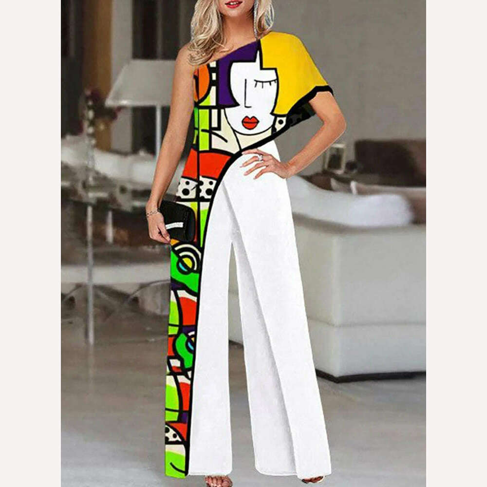 Colorful Ladies Face Print Slim Jumpsuits Summer Off Shoulder Diagonal Collar Sexy Rompers Women Loose Straight Wide Leg Pants - KIMLUD