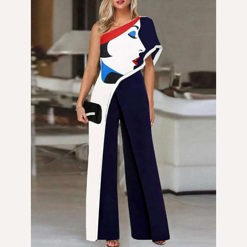 Colorful Ladies Face Print Slim Jumpsuits Summer Off Shoulder Diagonal Collar Sexy Rompers Women Loose Straight Wide Leg Pants - KIMLUD