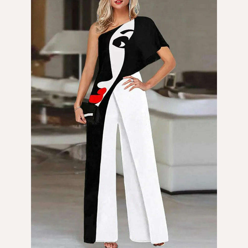 Colorful Ladies Face Print Slim Jumpsuits Summer Off Shoulder Diagonal Collar Sexy Rompers Women Loose Straight Wide Leg Pants - KIMLUD