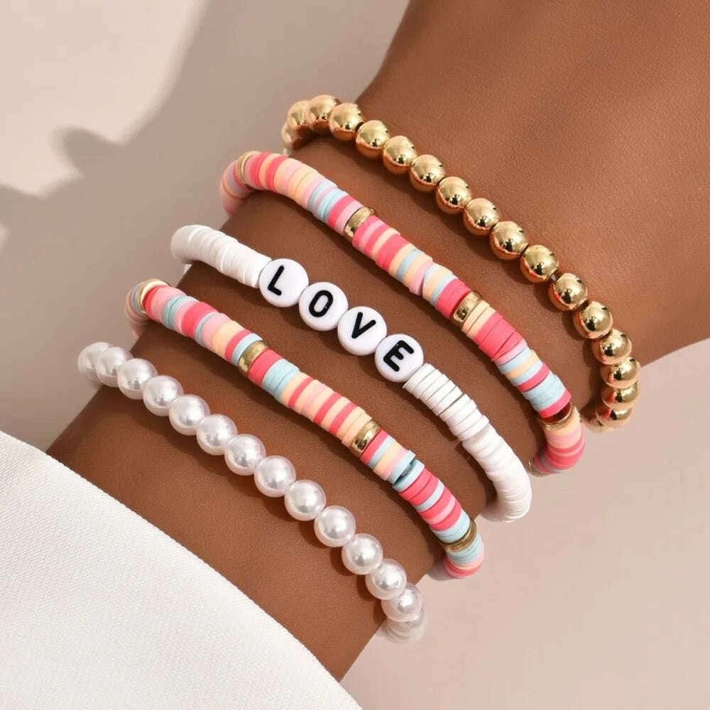 Colorful Stackable Love Letter Bracelets for Women soft clay pottery Layering Friendship Beads Chain Bangle Boho Jewelry Gift - KIMLUD