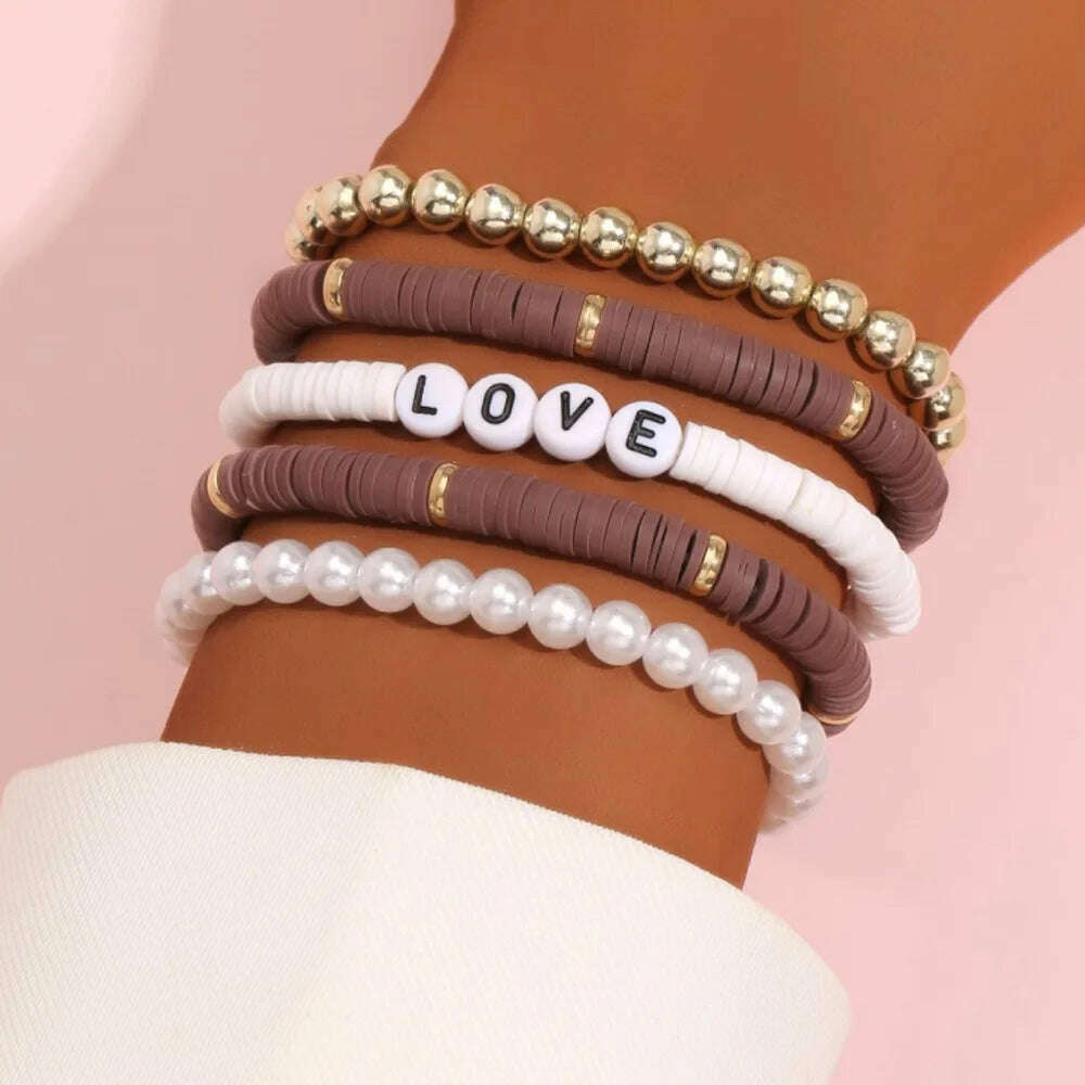 Colorful Stackable Love Letter Bracelets for Women soft clay pottery Layering Friendship Beads Chain Bangle Boho Jewelry Gift - KIMLUD