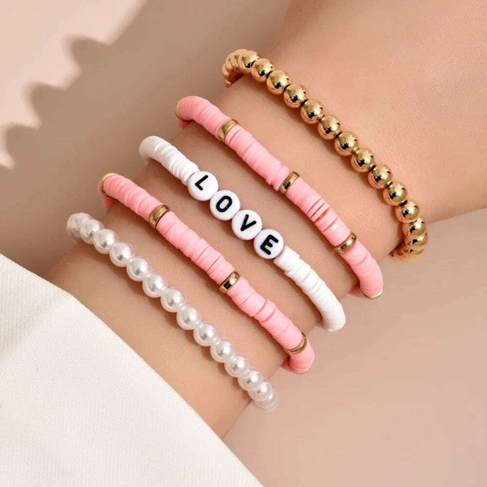 Colorful Stackable Love Letter Bracelets for Women soft clay pottery Layering Friendship Beads Chain Bangle Boho Jewelry Gift - KIMLUD