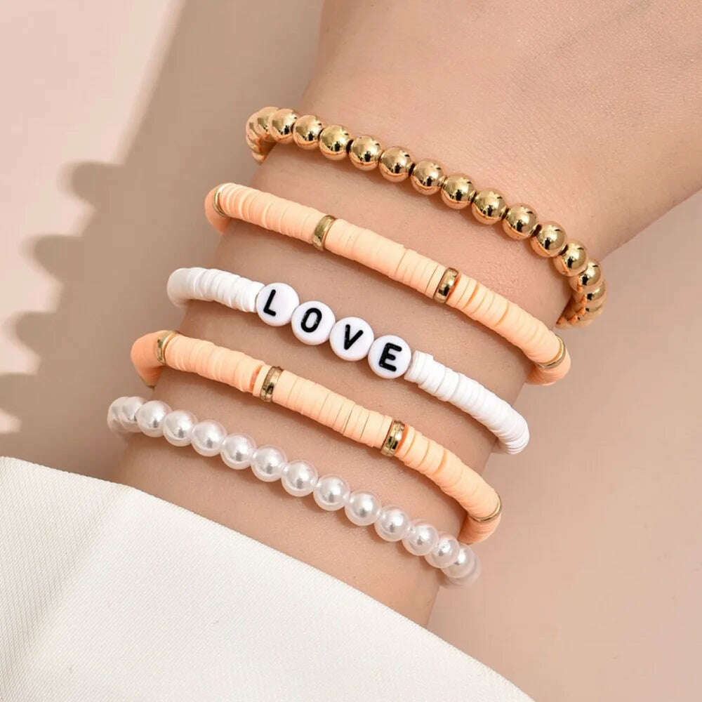 Colorful Stackable Love Letter Bracelets for Women soft clay pottery Layering Friendship Beads Chain Bangle Boho Jewelry Gift - KIMLUD