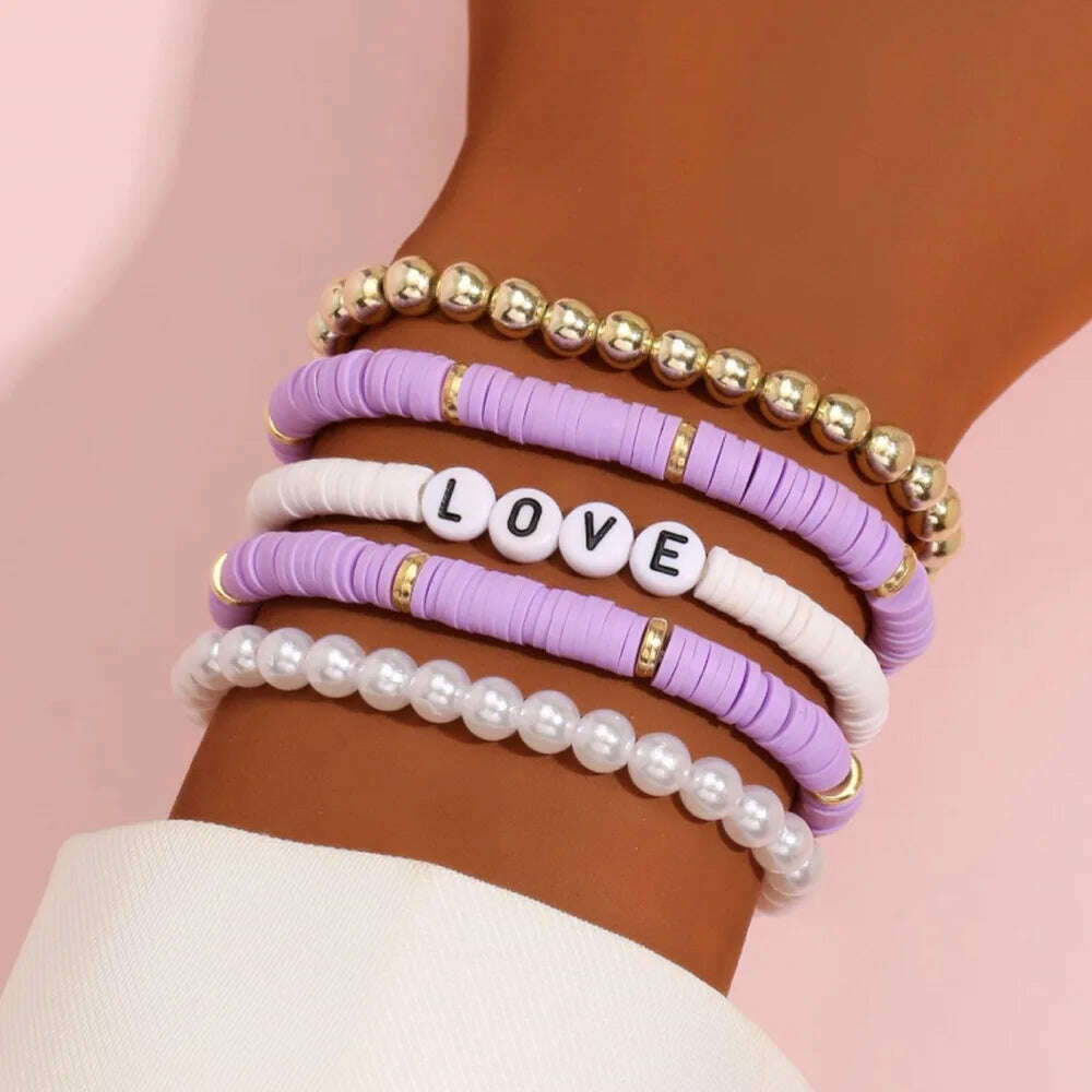 Colorful Stackable Love Letter Bracelets for Women soft clay pottery Layering Friendship Beads Chain Bangle Boho Jewelry Gift - KIMLUD