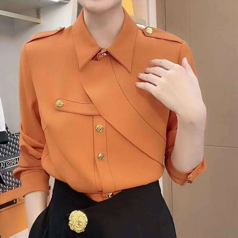 Commute Solid Color Stylish Asymmetrical Shirt Female Clothing Spliced Chic Single-breasted Spring Autumn Polo-Neck Loose Blouse - KIMLUD