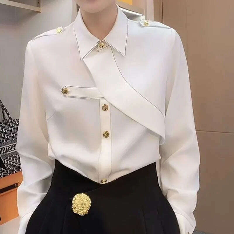 Commute Solid Color Stylish Asymmetrical Shirt Female Clothing Spliced Chic Single-breasted Spring Autumn Polo-Neck Loose Blouse - KIMLUD