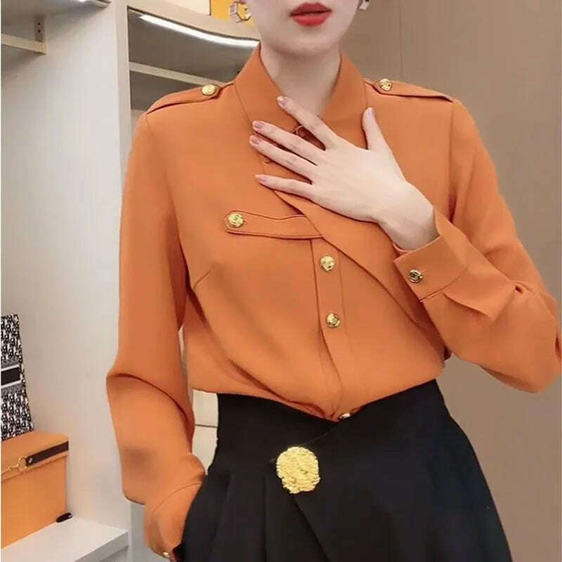 Commute Solid Color Stylish Asymmetrical Shirt Female Clothing Spliced Chic Single-breasted Spring Autumn Polo-Neck Loose Blouse - KIMLUD