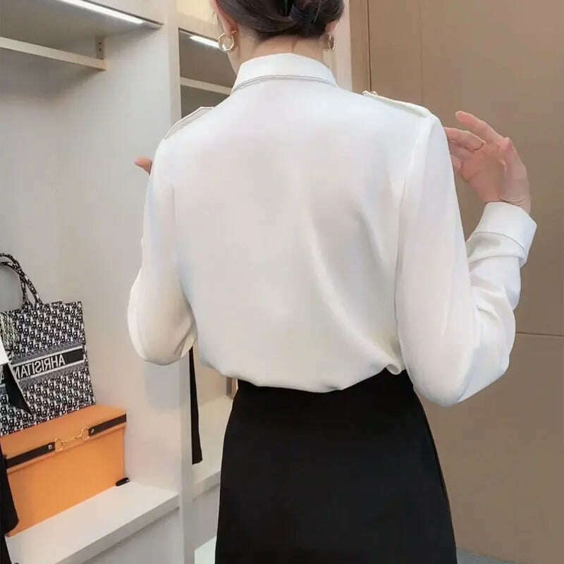 Commute Solid Color Stylish Asymmetrical Shirt Female Clothing Spliced Chic Single-breasted Spring Autumn Polo-Neck Loose Blouse - KIMLUD