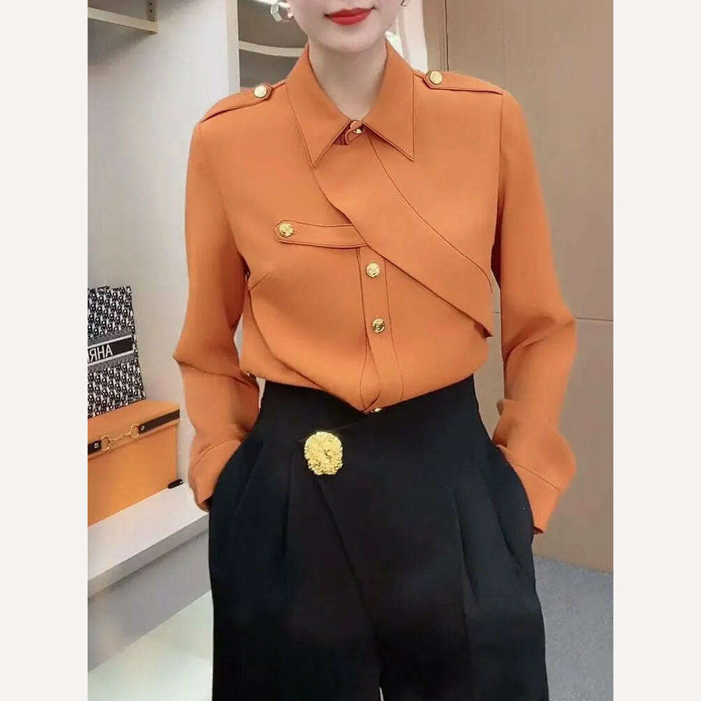 Commute Solid Color Stylish Asymmetrical Shirt Female Clothing Spliced Chic Single-breasted Spring Autumn Polo-Neck Loose Blouse - KIMLUD