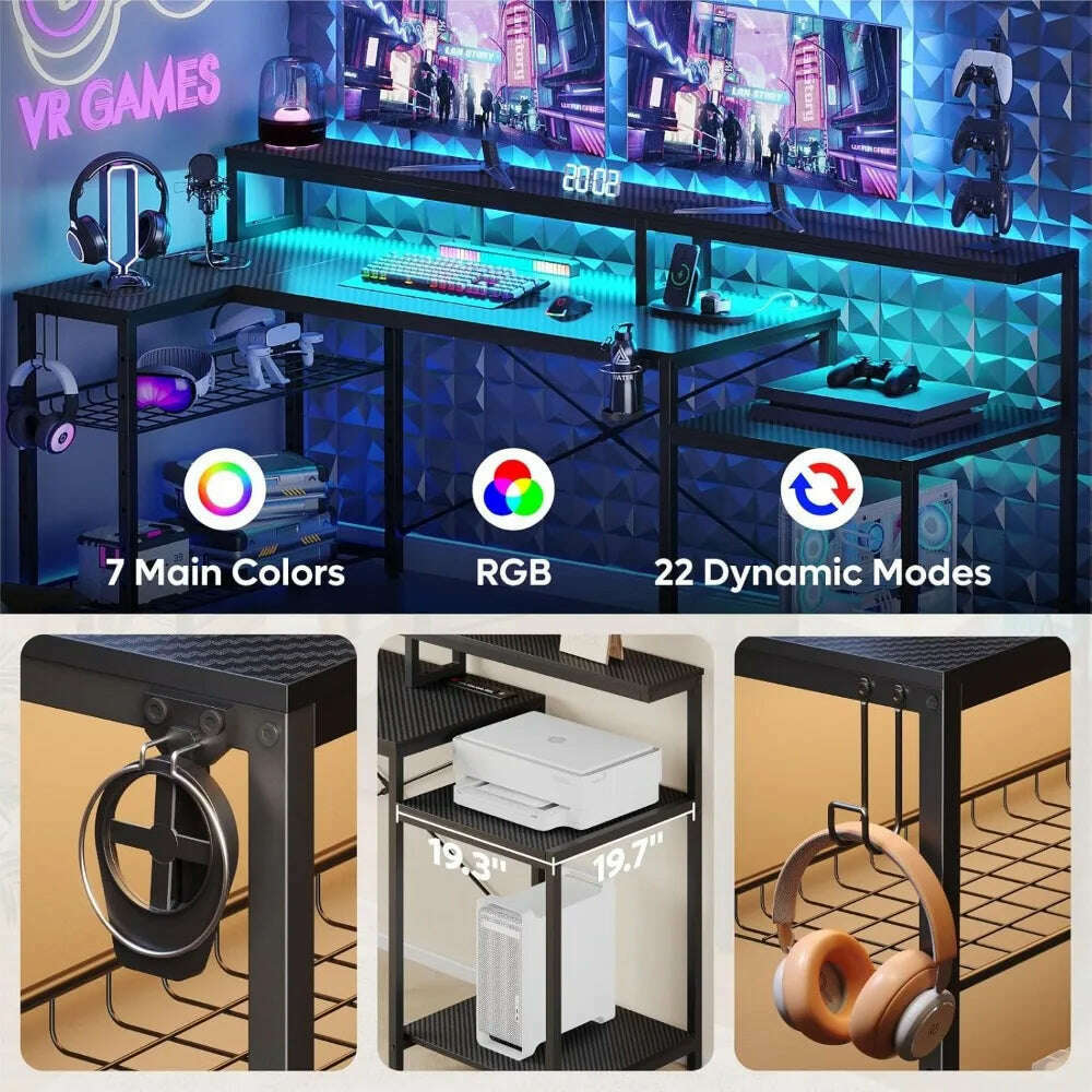 computer Desk ,with Power Outlets, with Storage Shelf, Cup Holder Headset Hooks, Cool Desk for Gaming Room, Black - KIMLUD