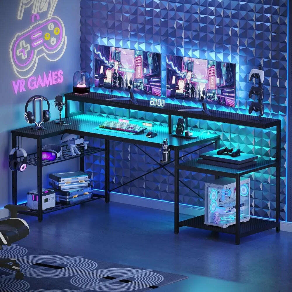 computer Desk ,with Power Outlets, with Storage Shelf, Cup Holder Headset Hooks, Cool Desk for Gaming Room, Black - KIMLUD