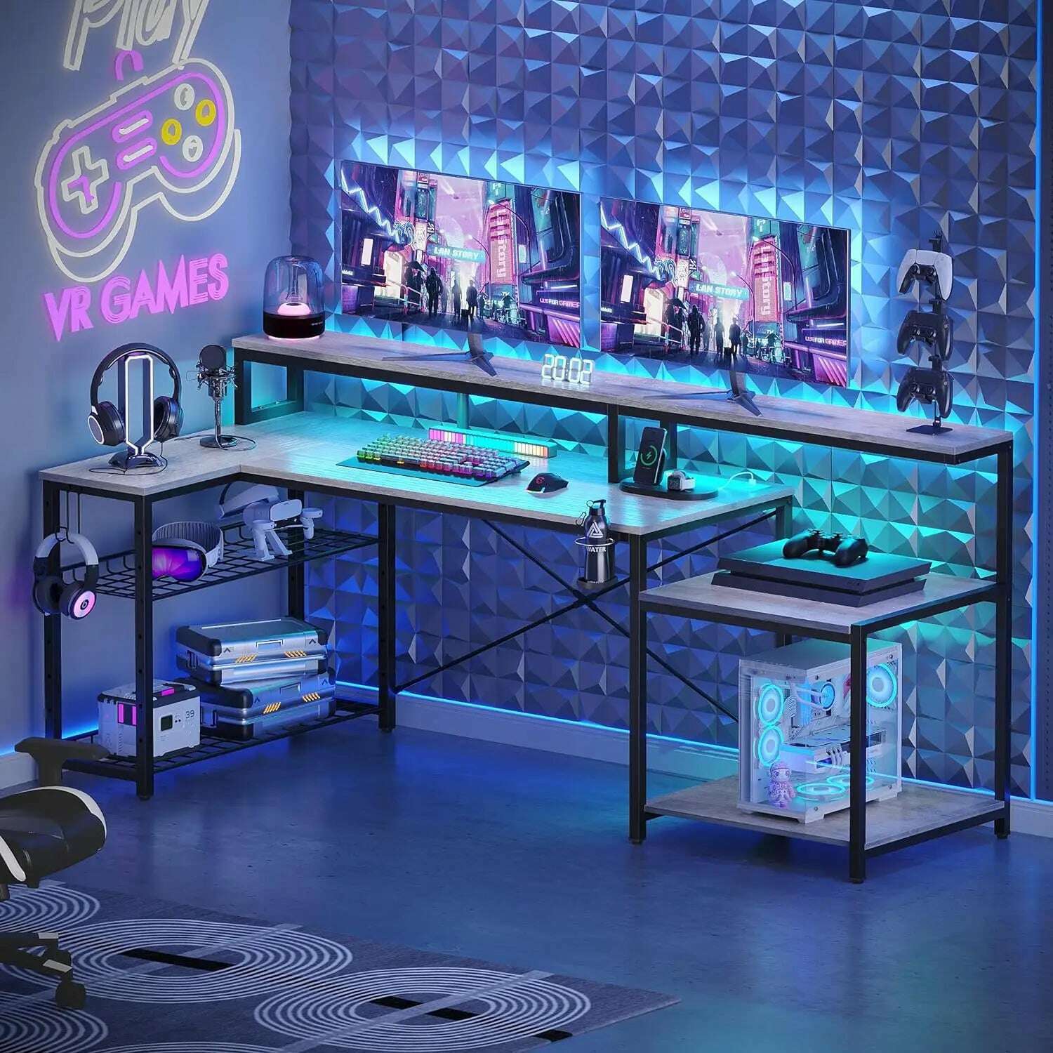 computer Desk ,with Power Outlets, with Storage Shelf, Cup Holder Headset Hooks, Cool Desk for Gaming Room, Black - KIMLUD