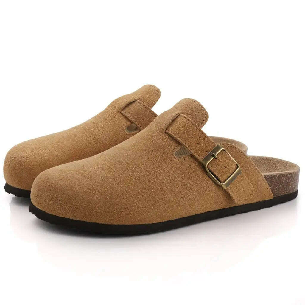 KIMLUD, Comwarm Fashion Women's Suede Mules Slippers Men Clogs Cork Insole Sandals With Arch Support Outdoor Beach Slides Home Shoes, Brown B / 44, KIMLUD APPAREL - Womens Clothes