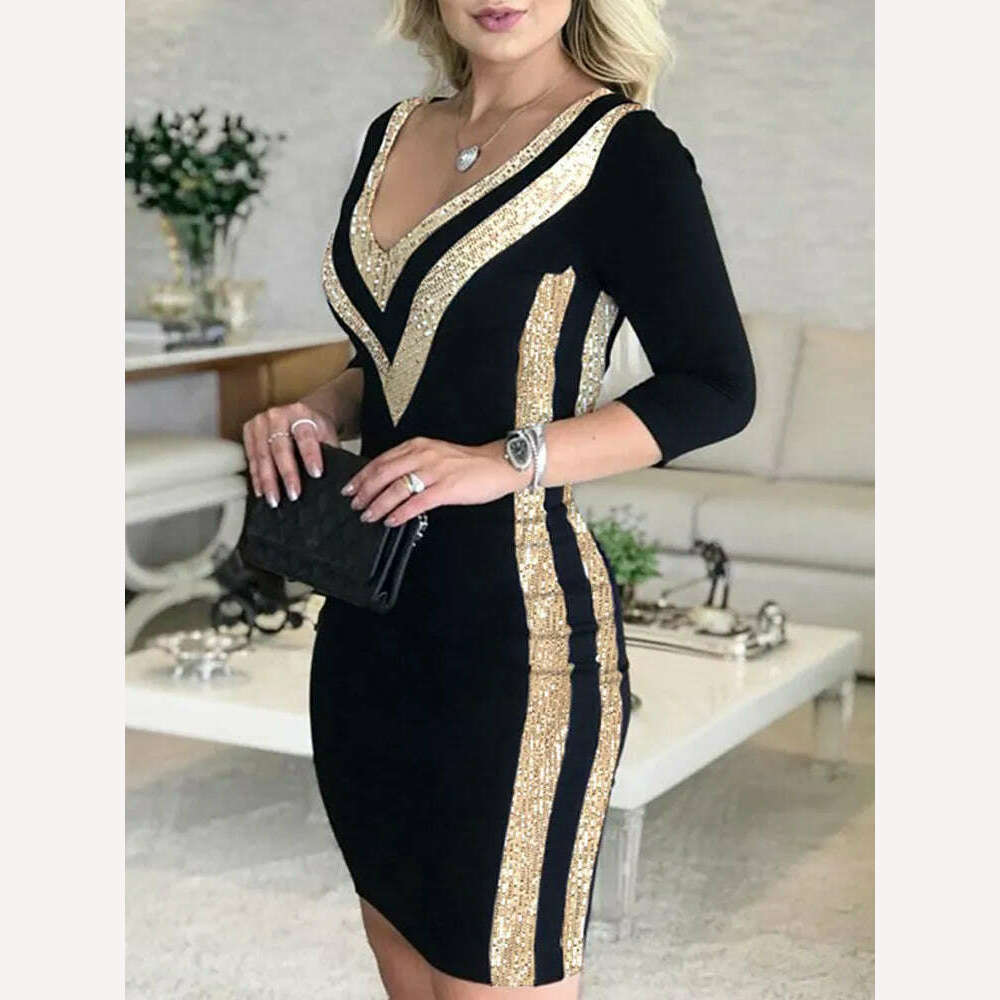 KIMLUD, Contrast Color Striped Tape Bodycon Dress Women Sexy V Neck Long Sleeve Party Dress, Gold / S, KIMLUD APPAREL - Womens Clothes